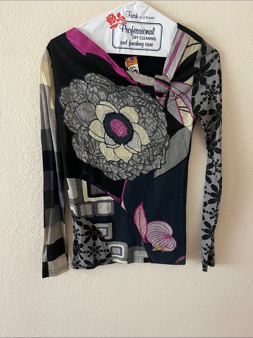 Desigual Long-Sleeve Mixed Print Top in Black, Gray and Pink